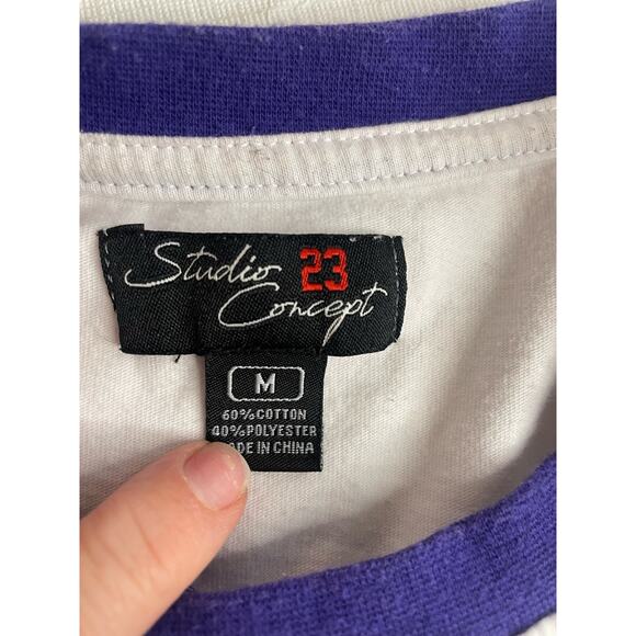 Men's Medium JUST HUSTLE Shirt Colorblock GUC Purple White Black - Picture 3 of 7